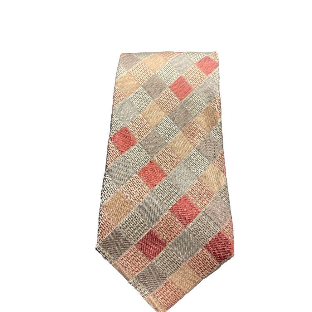 Ermenegildo Zegna Silk Tie Geometric Pattern Coral Beige Gray Checkered Z-119